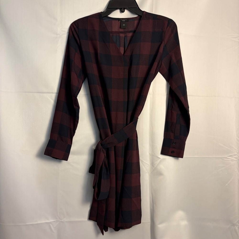 Ann Taylor Factory Petite Buffalo Plaid Shirt Dress Burgundy Navy XSP 517-418239